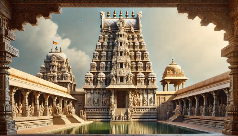 DALL·E 2024 10 22 14.34.42 A high quality rectangular image of the Kanchi Kamakshi Temple a sacred Hindu temple dedicated to Goddess Kamakshi located in Kanchipuram India. Th 768x439